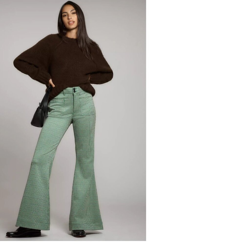 Anthropologie Maeve Plaid Mega-Flare Knit Pants size 2 new with tag green